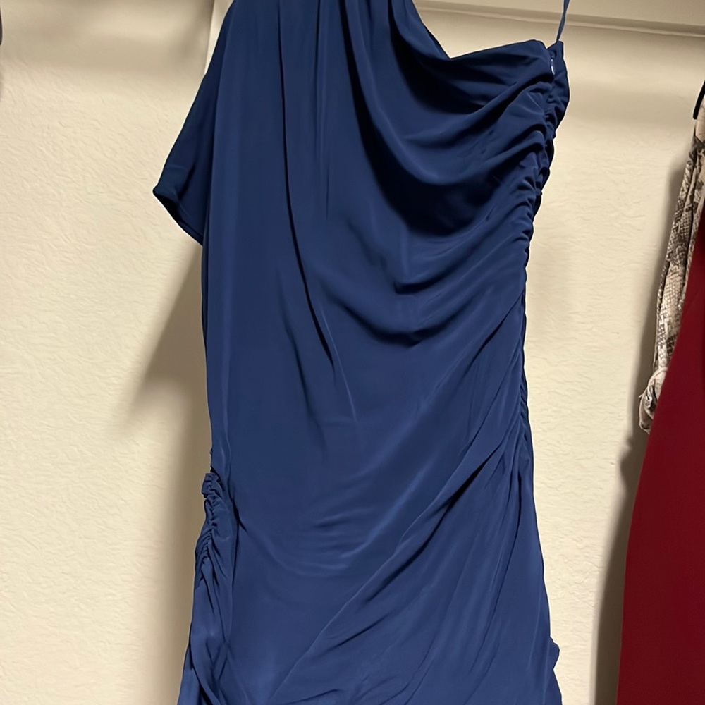 Blue one shoulder stretchy mini Haute Hippie dress